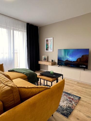 uma sala de estar com um sofá e uma televisão de ecrã plano em Cozy Stay Apartment em Trenčín