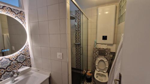 een badkamer met een toilet, een wastafel en een spiegel bij Le Rossignol in Château-Thierry