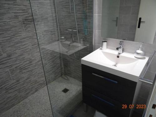 une salle de bain avec un lavabo et une douche en verre dans l'établissement Baby Home cosy à 1km de la mer, à Saint-Cyprien