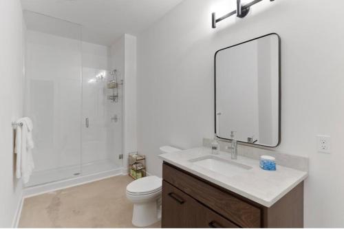 ein Badezimmer mit einem Waschbecken, einem WC und einem Spiegel in der Unterkunft Downtown Near Busch Stadium/Convention Center in Saint Louis