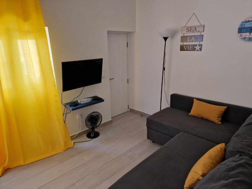 ein Wohnzimmer mit einem Sofa und einem Flachbild-TV in der Unterkunft Merluza in Nazaré