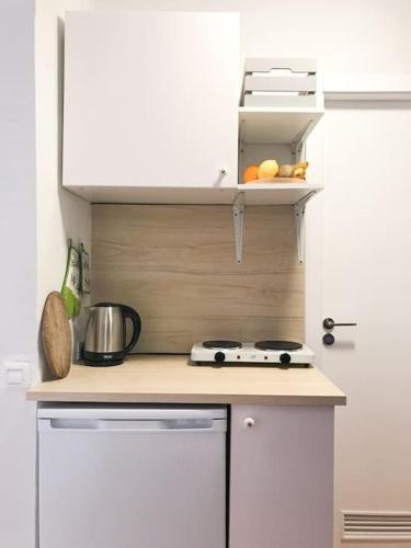 a kitchen with a counter top with a stove at Studio De Ziutek in La Pared