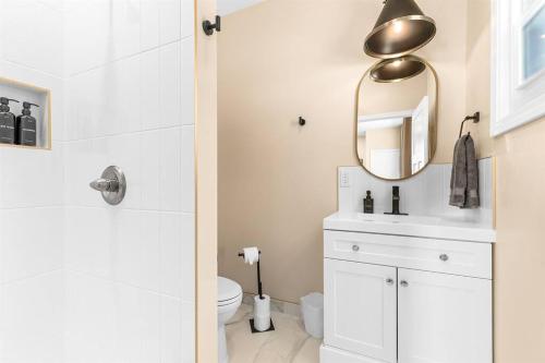 a bathroom with a white toilet and a mirror at New! Luxury 1BR Flat near Downtown Mount Clemens in Mount Clemens