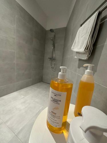 - une salle de bains avec 2 bouteilles de savon et des toilettes dans l'établissement Grand Appartement Lumineux - STELLA Loft - À deux pas du Lac Léman, à Veytaux