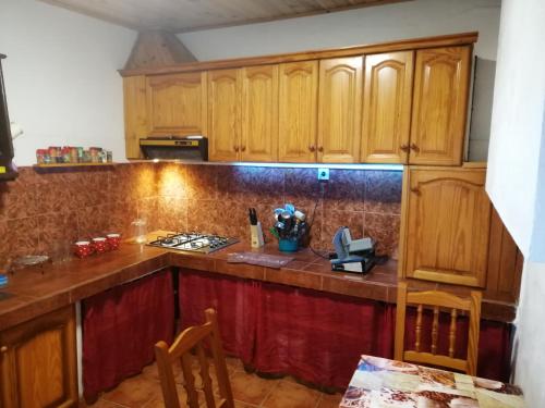 a kitchen with wooden cabinets and a counter top at Casa rustica en Lomo Blanco, dentro de una casa rodeada de naturaleza in San Juan de la Rambla