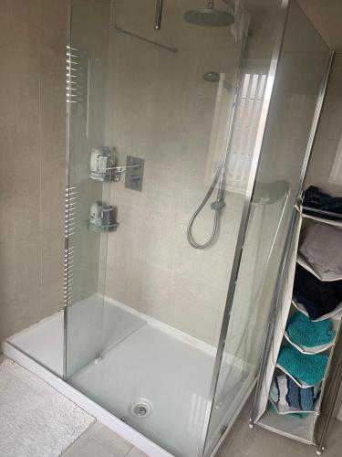 a shower with a glass door in a bathroom at Jules Homestay Plus in Ocker Hill
