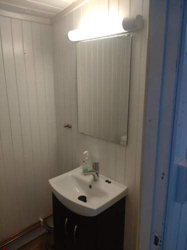 een badkamer met een wastafel en een spiegel bij Rondane Friluftssenter Rondetunet in Brenn