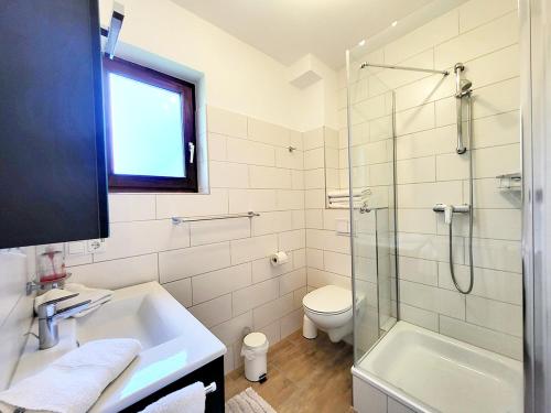 a bathroom with a shower and a sink and a toilet at Friesenhain Ferienwohnungen in Tating