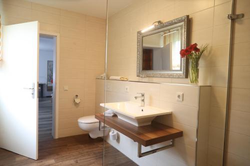 a bathroom with a sink and a toilet and a mirror at Hotel Stremme in Gummersbach