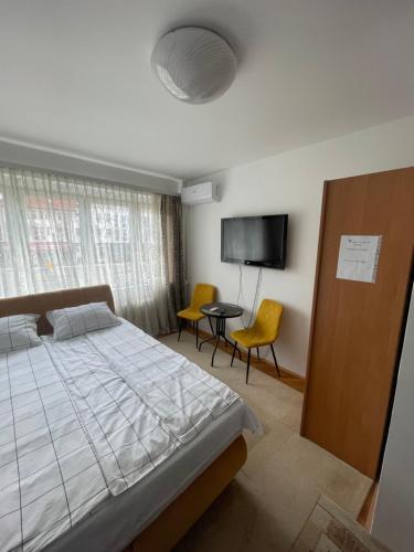 1 Schlafzimmer mit einem Bett und 2 Stühlen sowie einem TV in der Unterkunft Studio Apartman Centar in Zenica