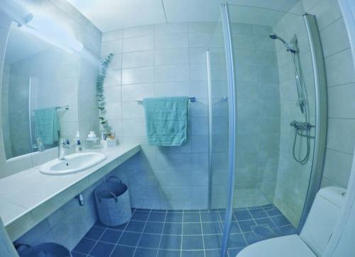 a bathroom with a shower and a sink and a toilet at Fjellstova Storehorn Apartments in Torset