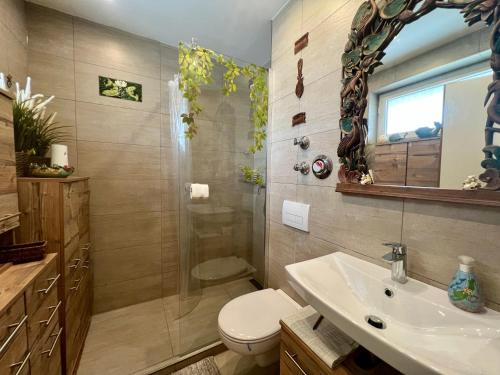 a bathroom with a shower and a toilet and a sink at Ferienwohnung Brigitte in Füssen