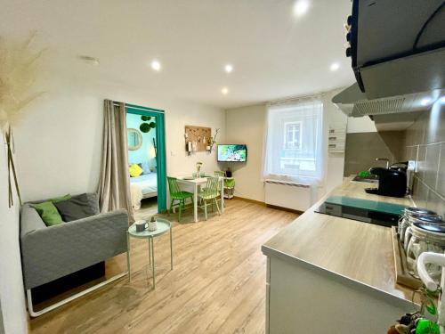 een keuken en een woonkamer met een bank en een tafel bij L'Appart & verte à l Arbresle in LʼArbresle