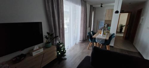 a living room with a television and a table with a christmas tree at ZORE JASNÁ Apartments in Demanovska Dolina
