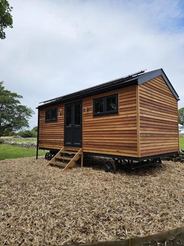 a wooden tiny house sitting on top of a field at Woodland Shepherds Hut - 'Saga' in Caernarfon