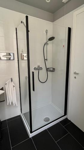 a shower with a glass door in a bathroom at Borgo Yporegia in Ivrea