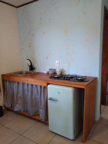 a kitchen with a counter with a stove and a refrigerator at Pousada Umbra in Louro Müller