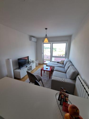 a living room with a couch and a tv at Makovi Flat in Zenica