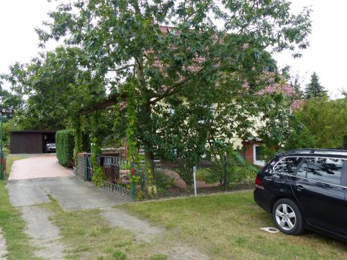 ein Auto, das vor einem Haus mit einem Baum parkt in der Unterkunft Ferienhaus Linke in Fuhlendorf