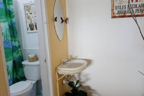 bagno con lavandino, servizi igienici e specchio di Habitación Privada Doña Zoila a Flores