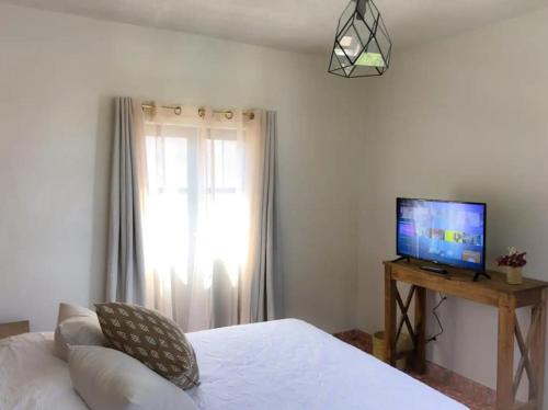 a bedroom with a bed and a flat screen tv at Casa Matia Bed and Breakfast in San Miguel de Allende