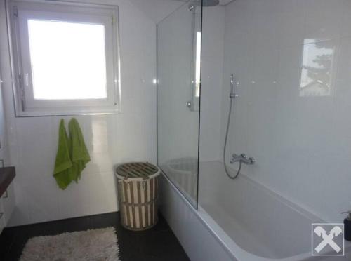 y baño con ducha acristalada y ventana. en Stilvoll nah am See, en Lauterach