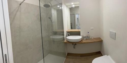 uma casa de banho com uma cabina de duche em vidro e um lavatório. em ACADAMIS - Suites & Junior Suites em Turim