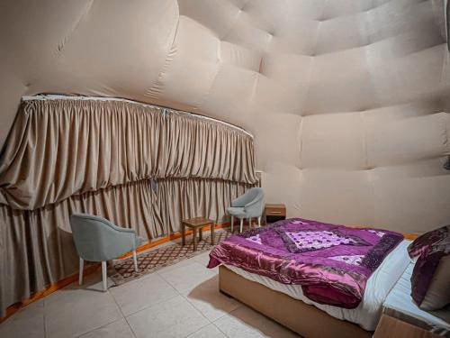 a bedroom with a bed and two chairs in it at RUM ROYAL FLOWER lUXURY CAMP in Wadi Rum