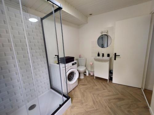 La salle de bains est pourvue d'un lave-linge et de toilettes. dans l'établissement Château Saphir - Hypercentre Historique au pied du château - Netflix, à Château-Thierry