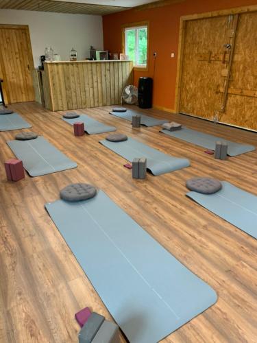 eine Gruppe Yoga-Matten auf dem Boden eines Zimmers in der Unterkunft Maple Tree Chambre d'hôtes in Darnac