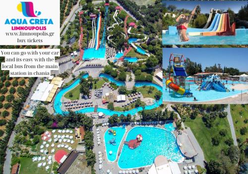 an aerial view of a water park with a pool at Manolia Dream Apartment 3-bedrooms 30m to the beach in Agia Marina Nea Kydonias