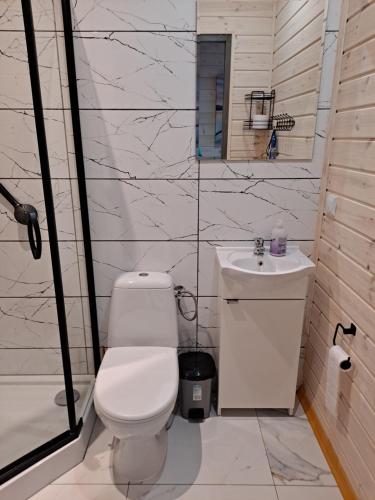 biała łazienka z toaletą i umywalką w obiekcie Domki Letniskowe RODOS w Sarbinowie