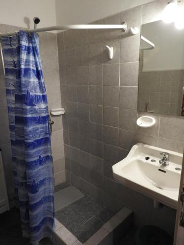 a bathroom with a shower curtain and a sink at Los Girasoles team family in El Bolsón