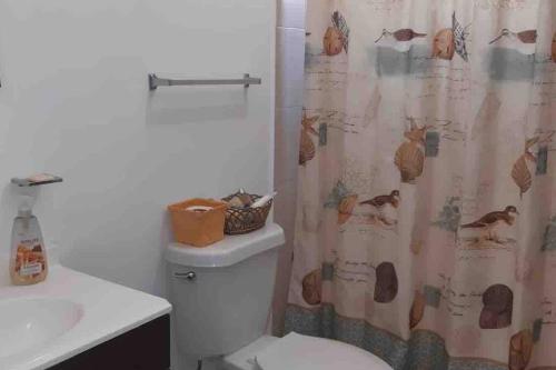 uma casa de banho com um WC e uma cortina de chuveiro em Casa en San Carlos cerca de playa em San Carlos