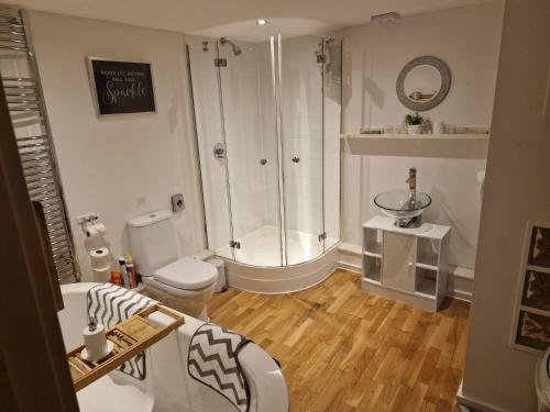 a bathroom with a shower and a toilet and a sink at The Granary House - Luxury Stays in Plymouth