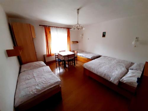 a room with two beds and a table in it at Apartmány Waldex in Jetřichovice
