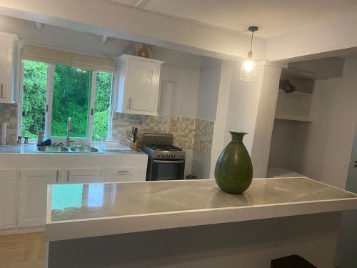 a kitchen with a vase sitting on a counter at Jean Olive in Castries