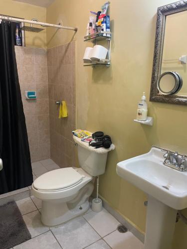La salle de bains est pourvue de toilettes et d'un lavabo. dans l'établissement Mauricio apartment, à Monterrey