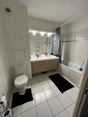 La salle de bains est pourvue de toilettes, d'une baignoire et d'un lavabo. dans l'établissement castle apartment, à Maisons-Alfort