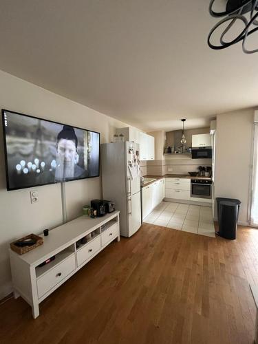 une grande cuisine blanche avec une grande télévision à écran plat dans l'établissement castle apartment, à Maisons-Alfort