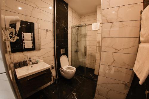 W łazience znajduje się toaleta, umywalka i prysznic. w obiekcie Hillmond's Boutique w mieście Baku