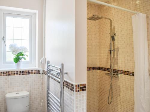 a bathroom with a shower with a toilet and a window at Lilly Lodge in Almondbury