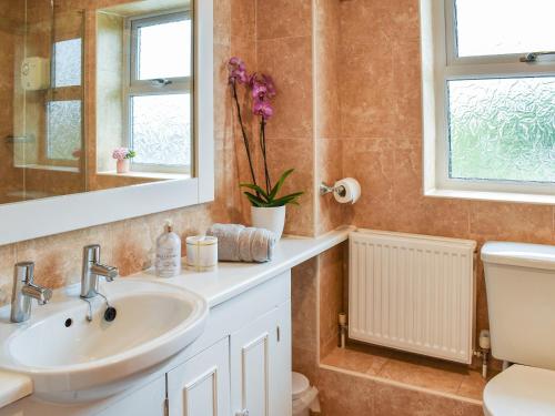 a bathroom with a sink and a toilet and a mirror at Askham House in York