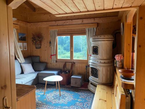 ein Wohnzimmer mit einem Sofa und einem Herd in der Unterkunft CHALET JOEN ski & bike Andalo in Andalo