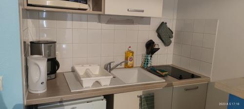 um balcão de cozinha com um lavatório e comodidades para preparar café em Appartement avec piscine près de Honfleur em Équemauville