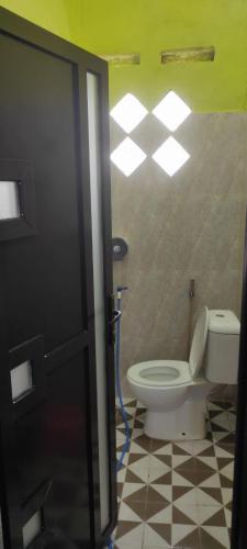 een badkamer met een toilet en verlichting aan het plafond bij Alesya Homestay 