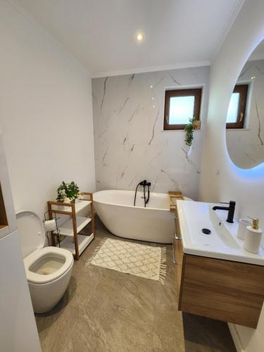 La salle de bains est pourvue d'une baignoire, de toilettes et d'un lavabo. dans l'établissement Julia's home, à TÄƒuÅ£ii MÄƒgheruÅŸ