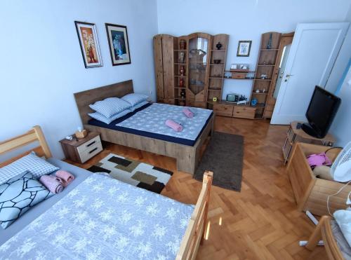Sala de estar con 2 camas y TV en Trosoban stan u Zenici, en Zenica