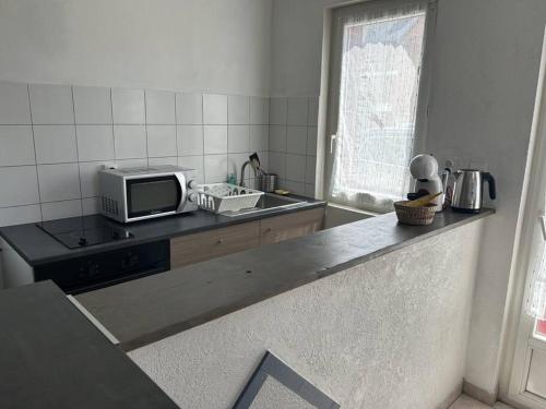 a kitchen with a counter top with a microwave at Studio bien placé (100 m gare) in La Ferté-Saint-Aubin