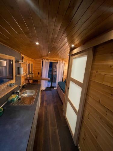 a kitchen and living room of a tiny house at Alpine love shack in Villar-Saint-Pancrace